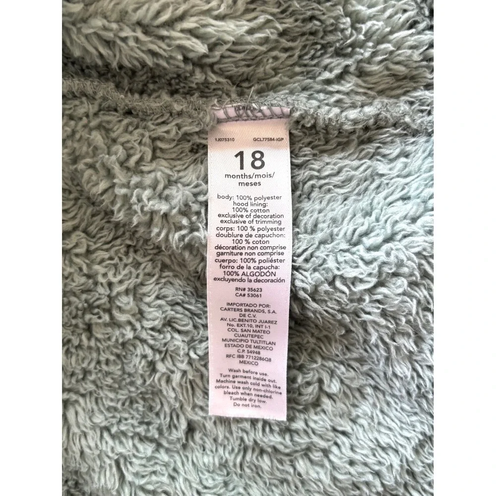 Carters Baby Sage Green Sherpa Fleece Bear Ear Hoodie Jacket 18M